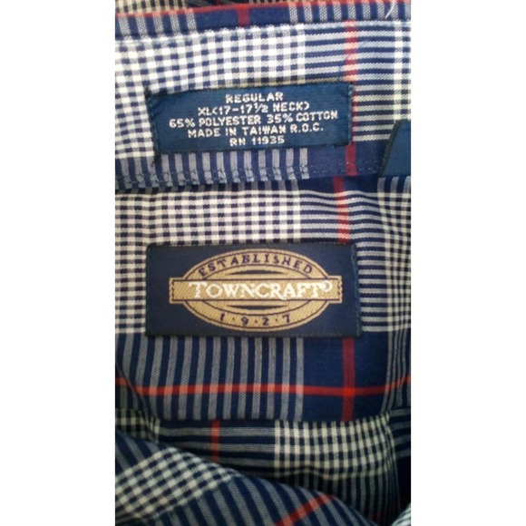 Towncraft Shirt Mens XL Buttonfront 17-1/2 Blue Plaid 80s Vintage Deadstock New - Picture 2 of 10